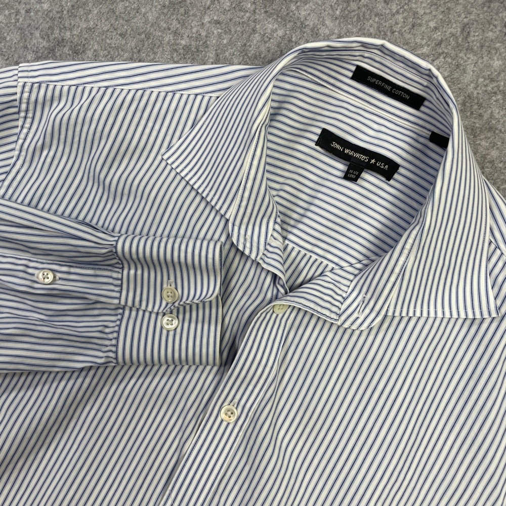 John Varvatos Mens Shirt 15.5 LONG White, Blue Striped Cotton Long Sleeve Rock
